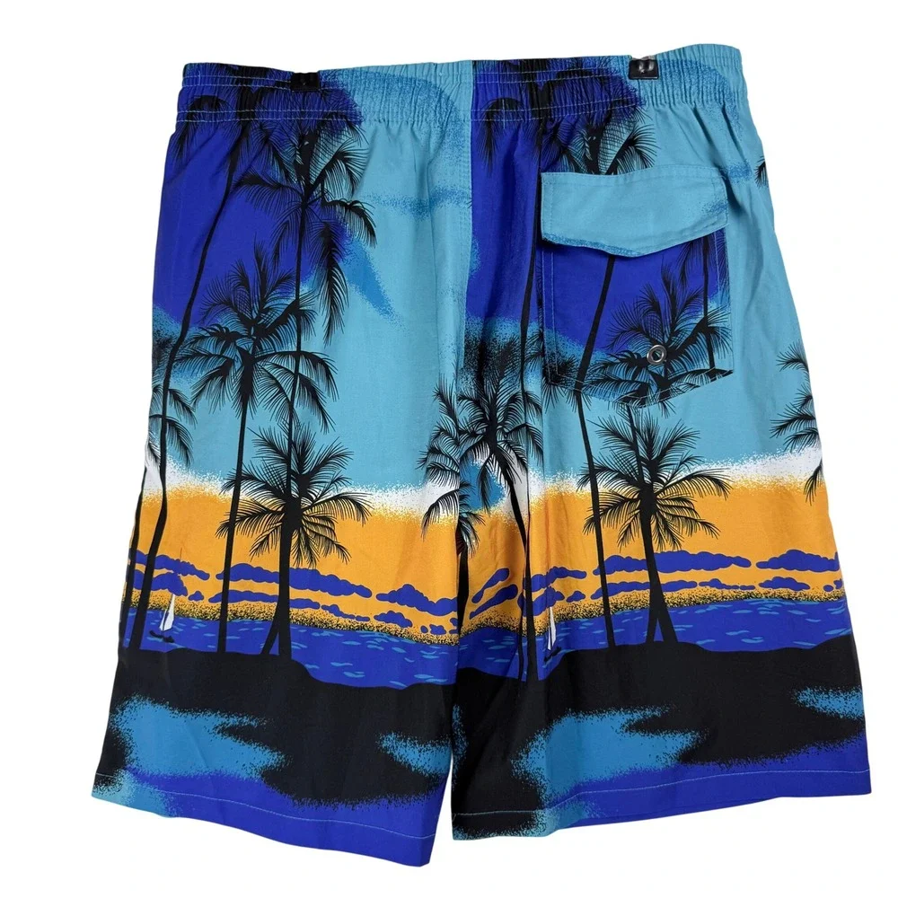 Swim Trunks Mens Large Tropical Sunset Palm Tree Beach Summer Retro